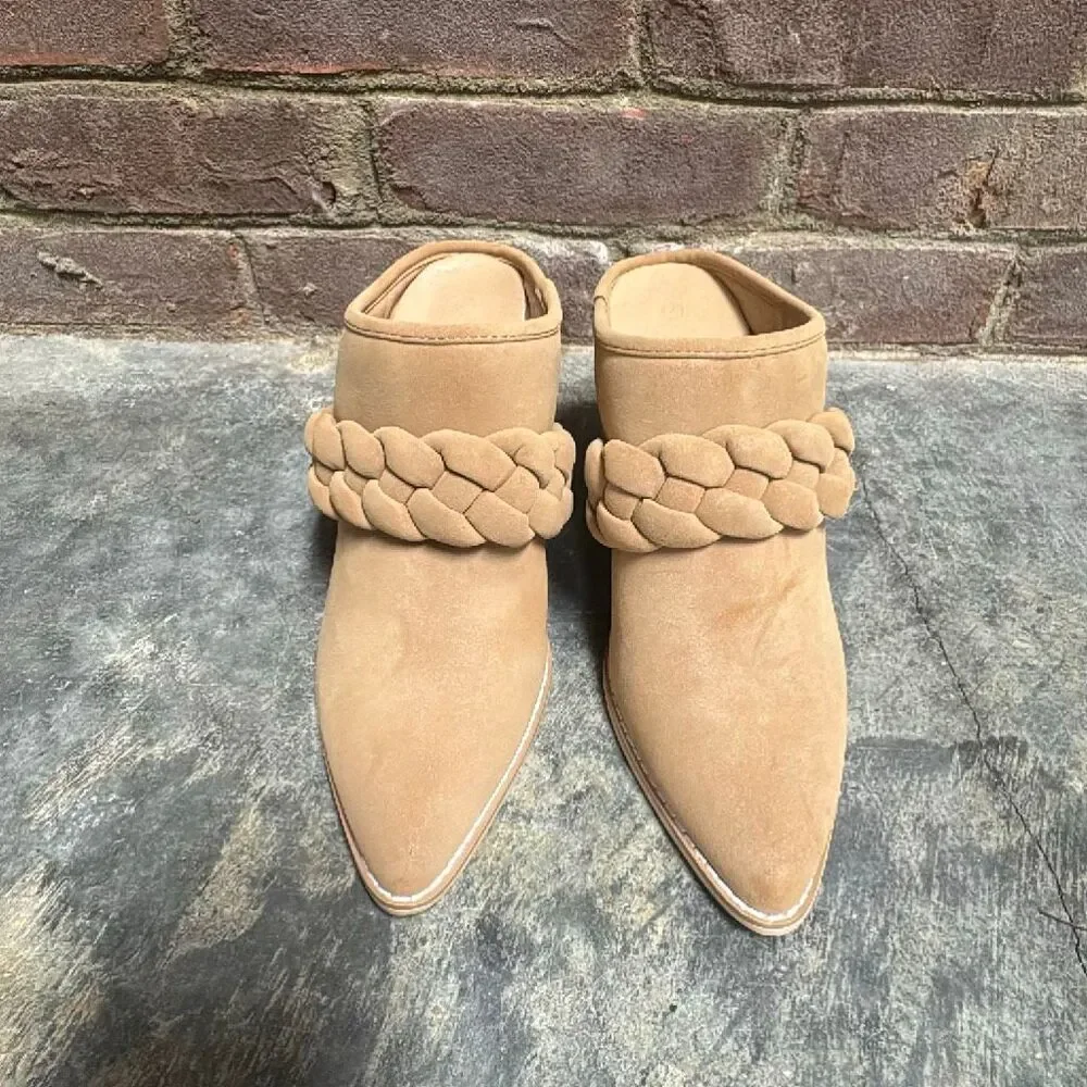 Womens Chunky Nude Block Heel Mules Braided Strap Booties Slip On Pointed Toe Sh
